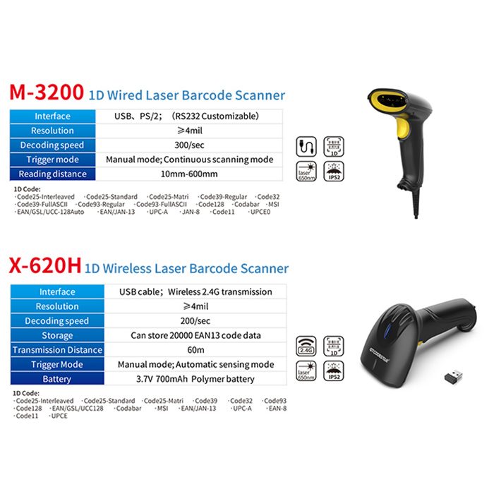 Lector de código de barras portátil con cable láser 1D X-530