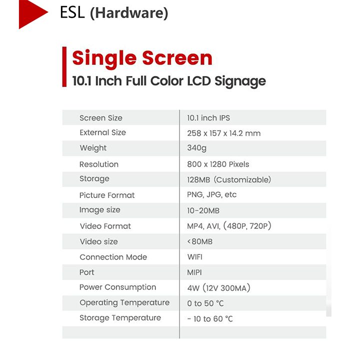 Pantalla única de señalización LCD a todo color de 10,1 pulgadas